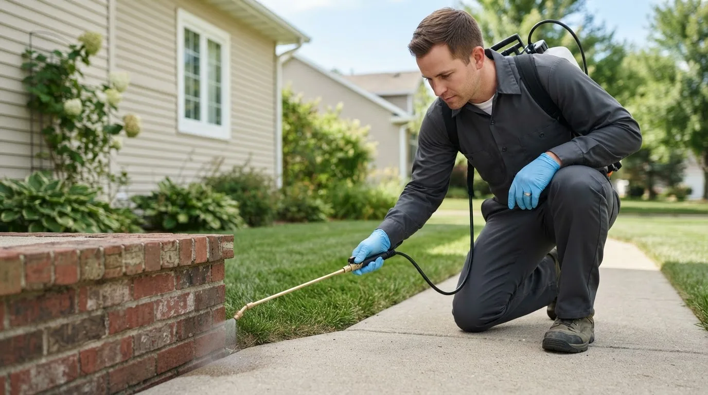 Pest control technician treating a home near Courtland, VA